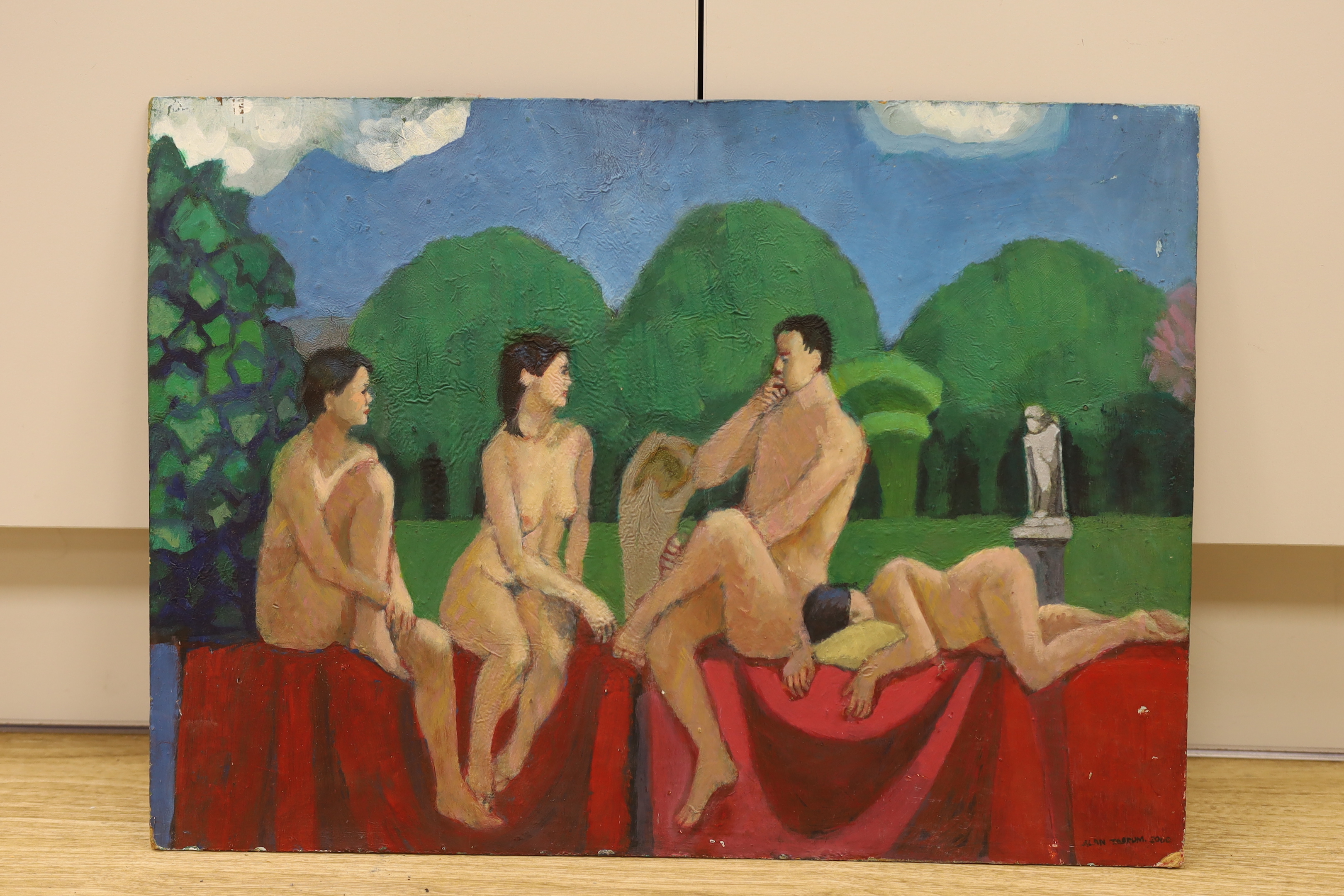 Alan Tabrum (20th. C), oil on board, Nudes in parkland, signed and dated 2000, 41 x 56cm, unframed